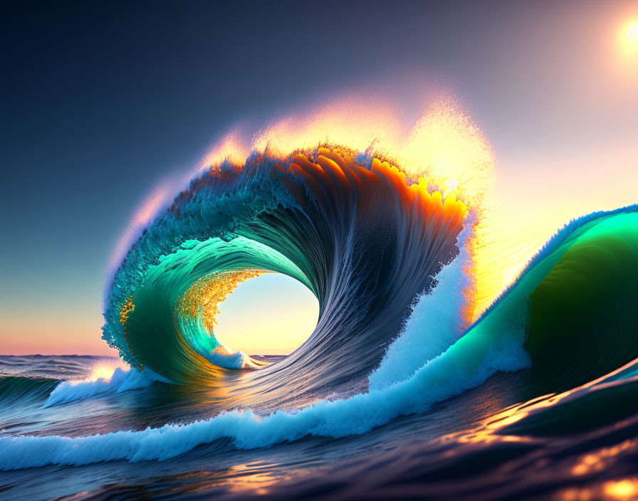 Beautiful sunset wave under clear sky: vibrant and large.