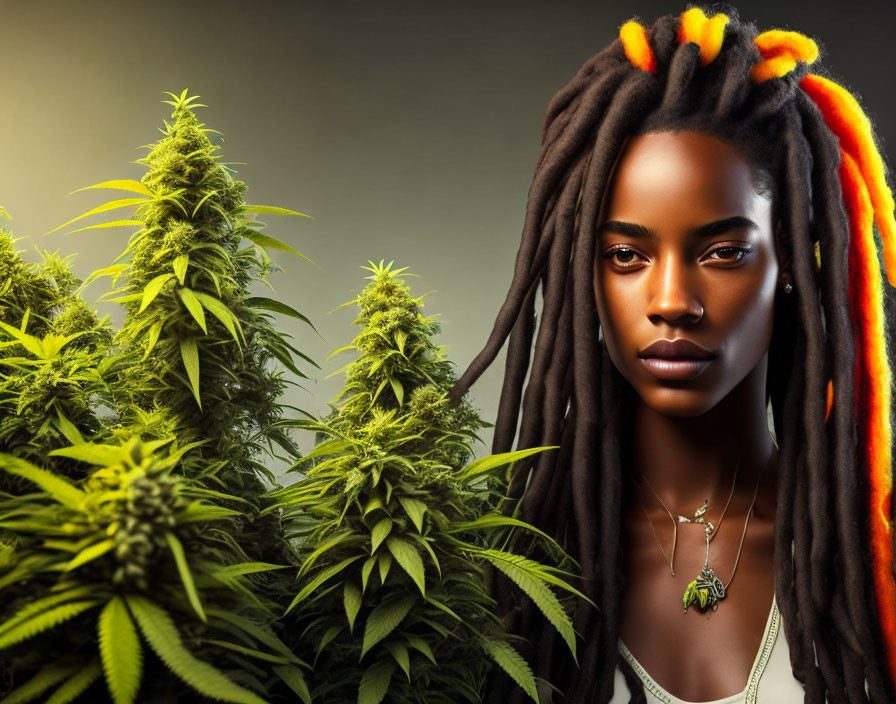 Woman with dreadlocks and orange highlights next to cannabis plants.