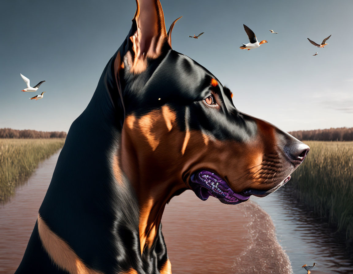 Glossy Doberman Pinscher by serene water at sunset