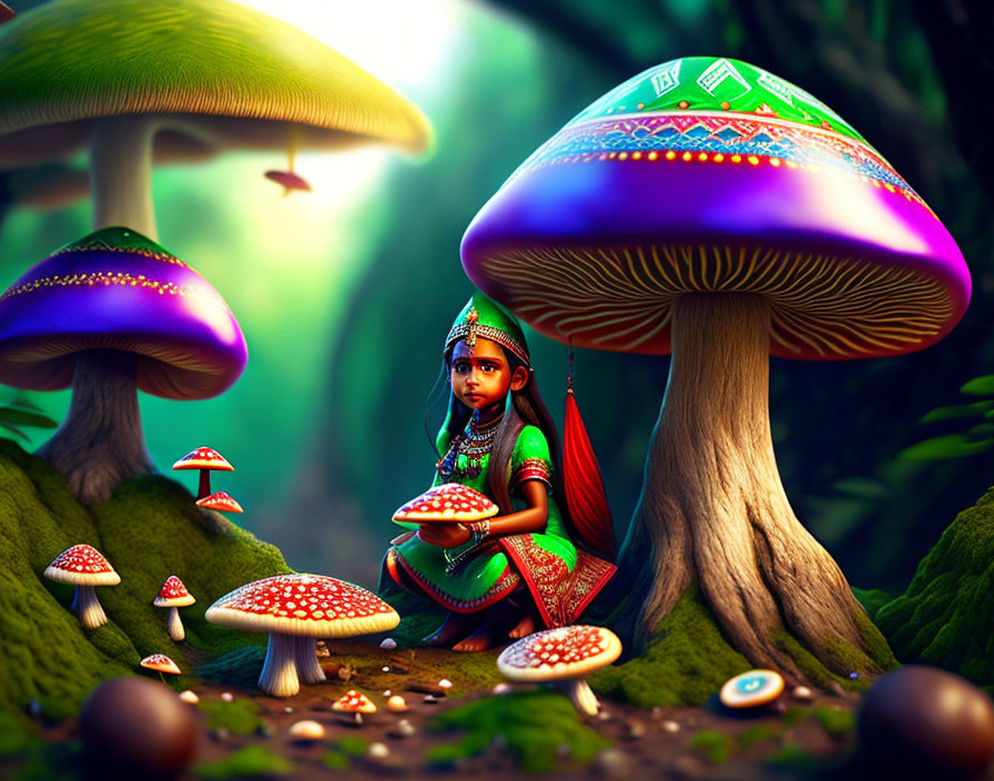 Young girl in traditional Indian attire under colorful oversized mushrooms