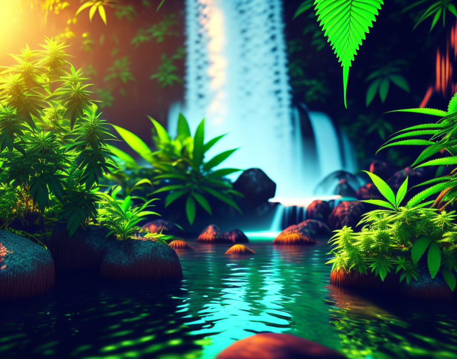 Tranquil tropical waterfall with lush greenery and marijuana plants by a calm river