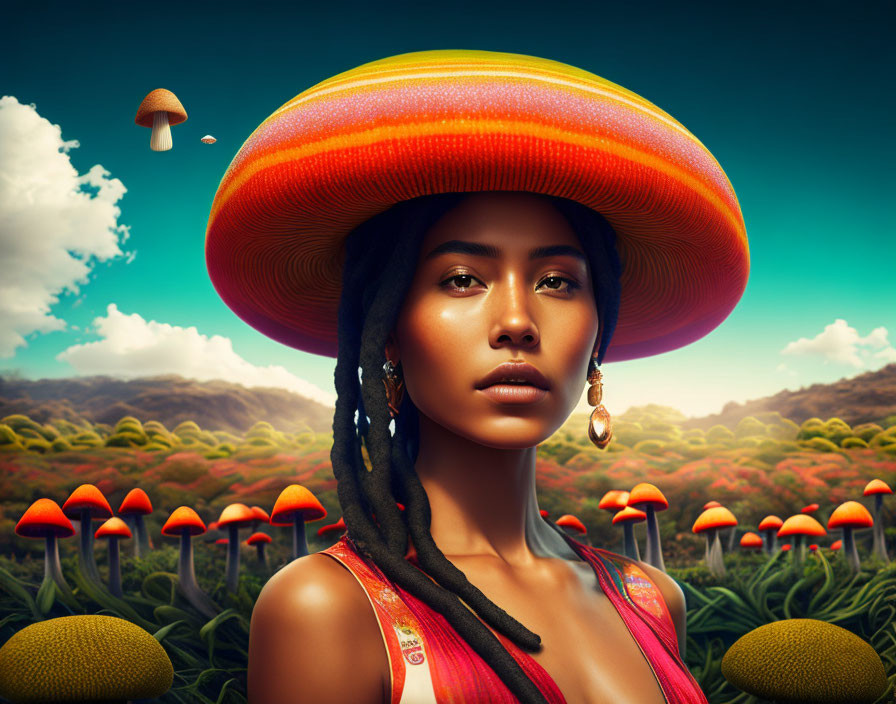 Woman with dreadlocks in colorful hat in surreal landscape with oversized mushrooms