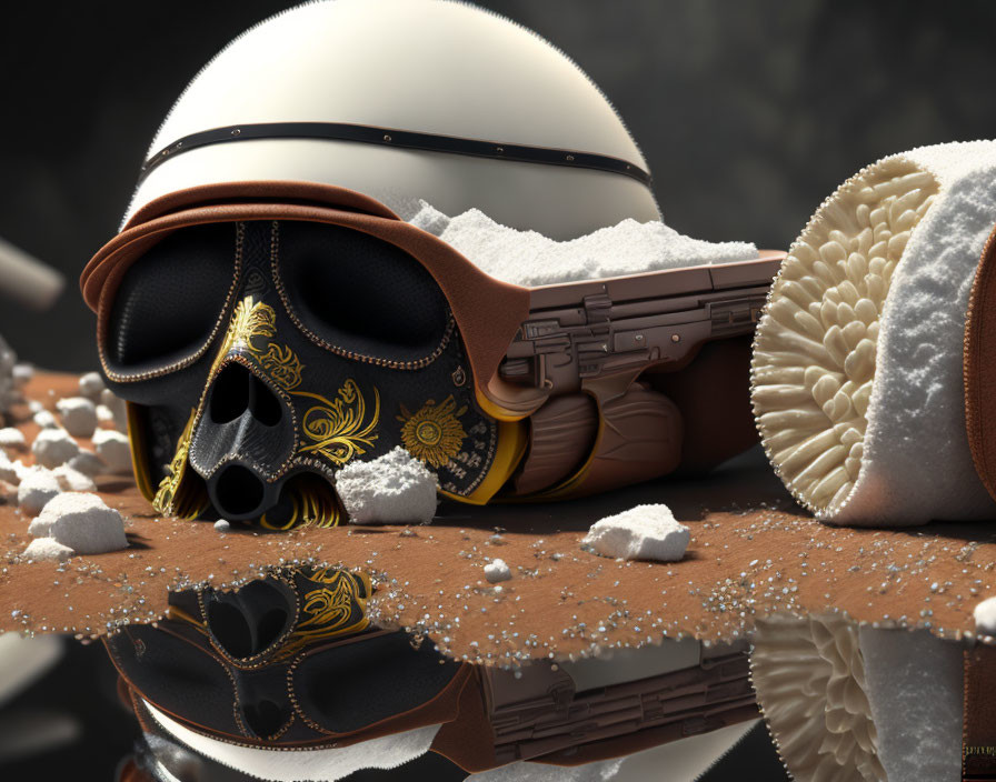 Decorative gas mask with gold details, helmet, and pistol in snowy setting.