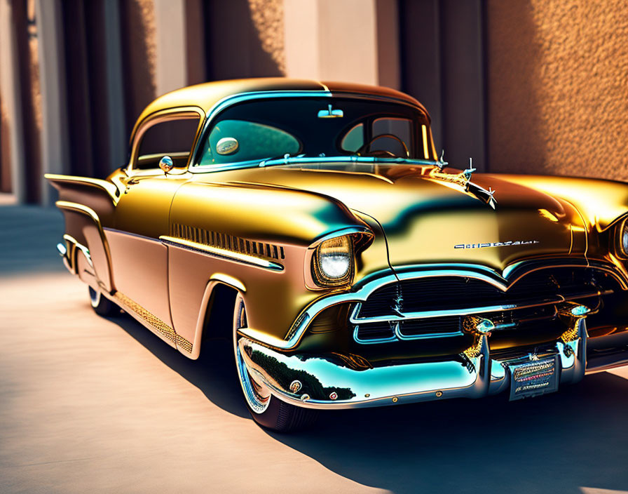 Vintage Golden Car with Chrome Details Reflecting Sunlight Beside Building