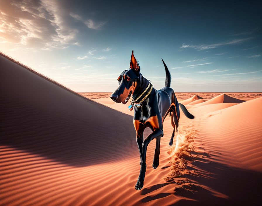 Doberman dog running in desert with necklace and blue tag