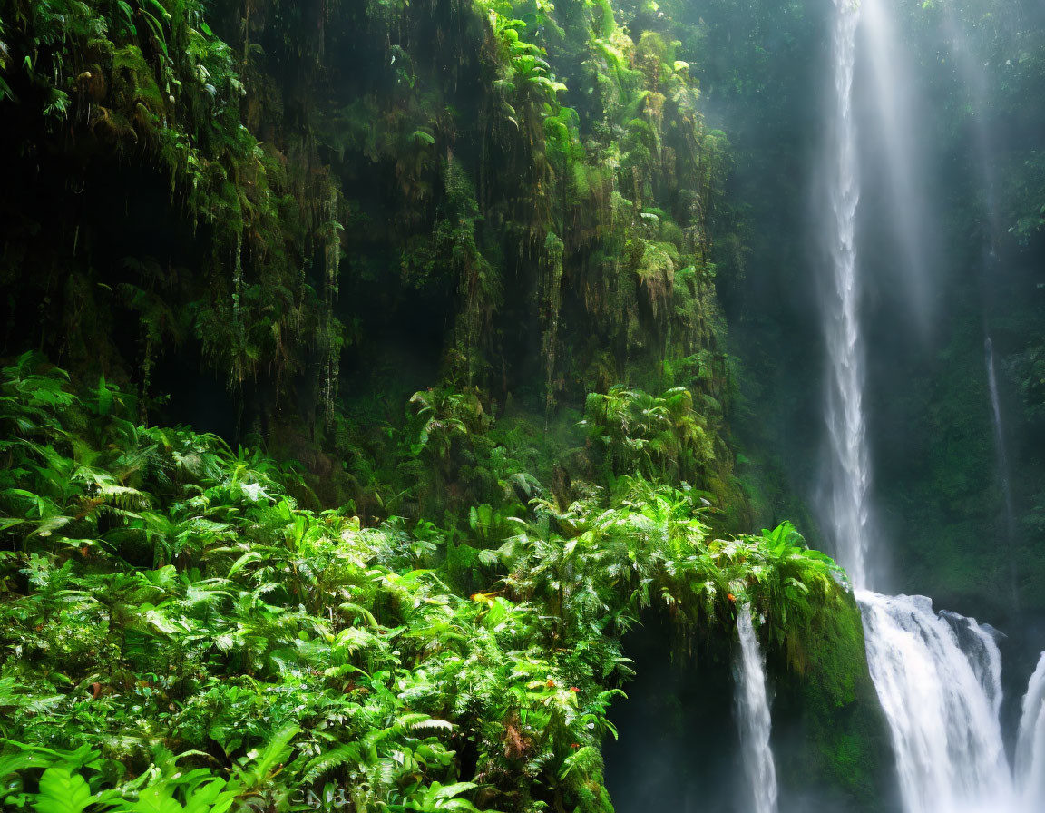 Tranquil waterfall in lush tropical forest