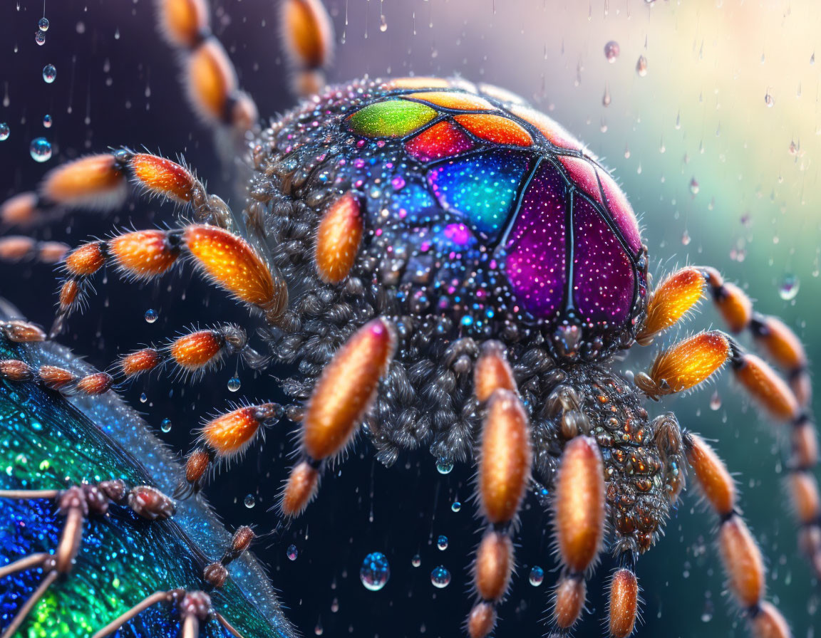 Colorful Spider Close-Up: Vibrant Reflection and Water Droplets