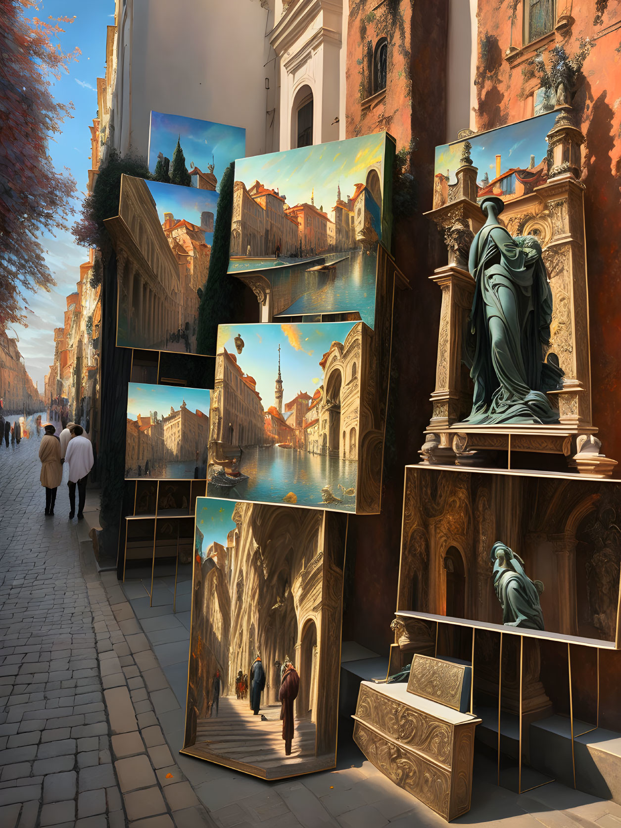 Vibrant urban landscape paintings and realistic sculpture in street art display