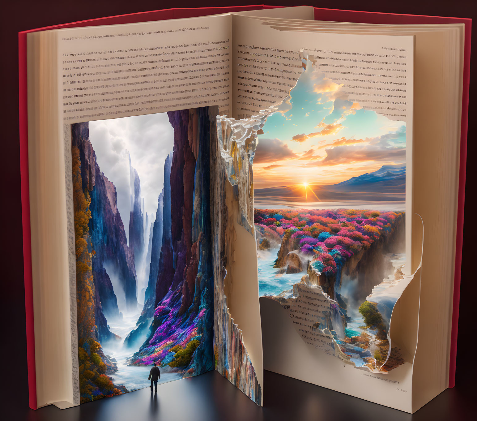 Open book displaying vivid landscape with waterfalls, cliffs, and sunset scenery.