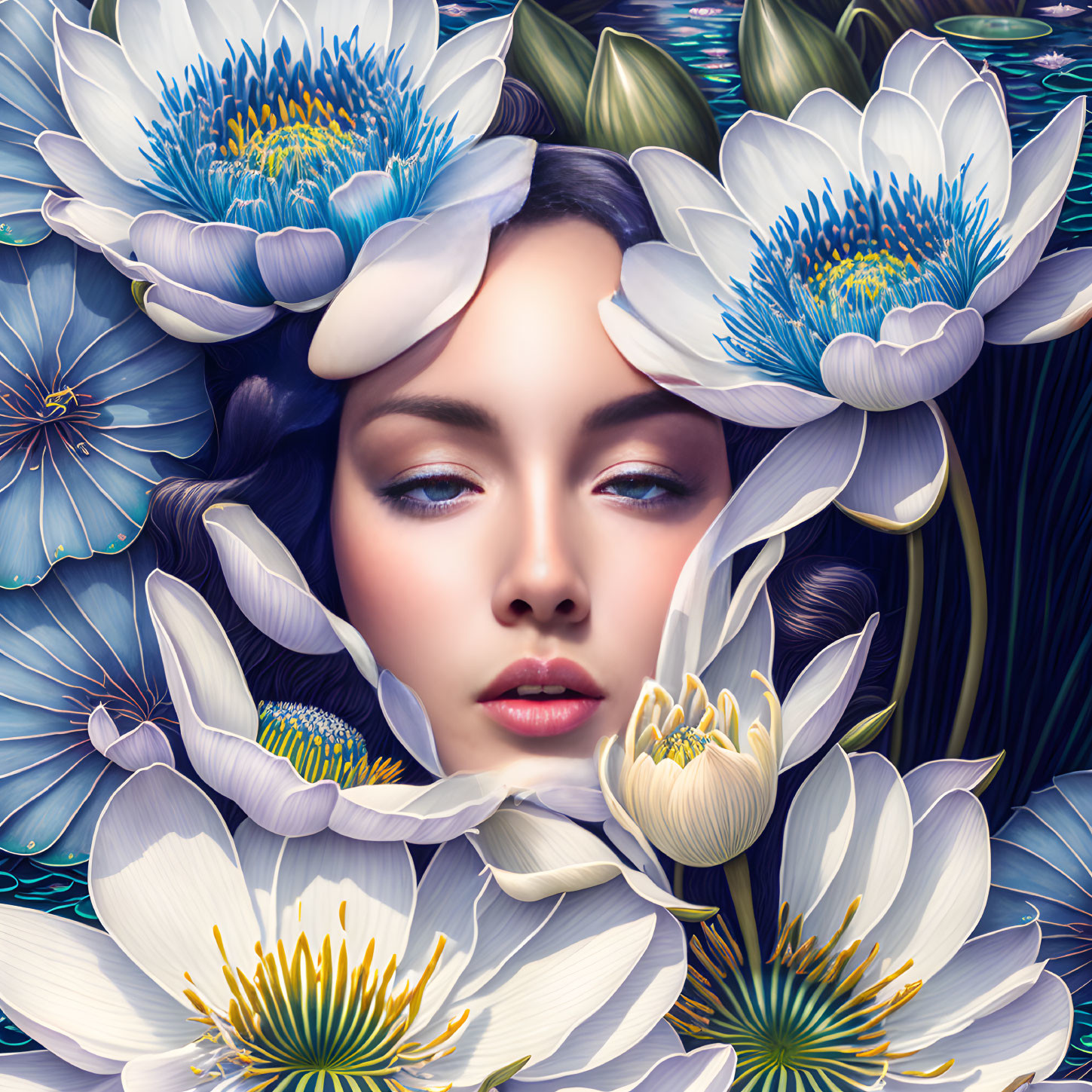 Surreal blue and white flower frame serene woman's face