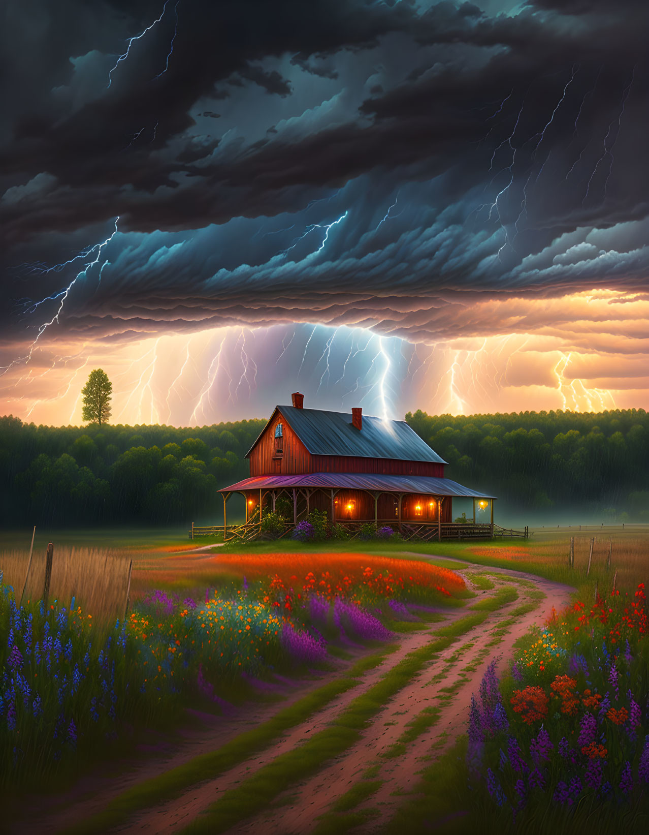 Cozy house in flower field under dramatic sky with lightning strikes