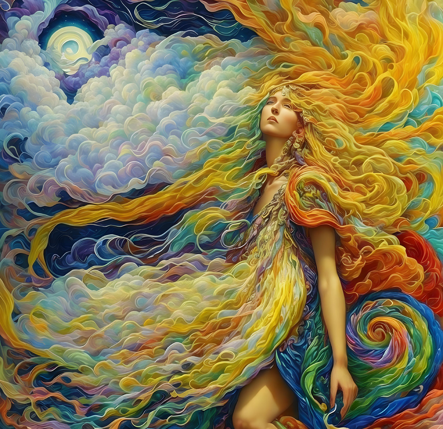 Surreal artwork of woman blending with swirling clouds