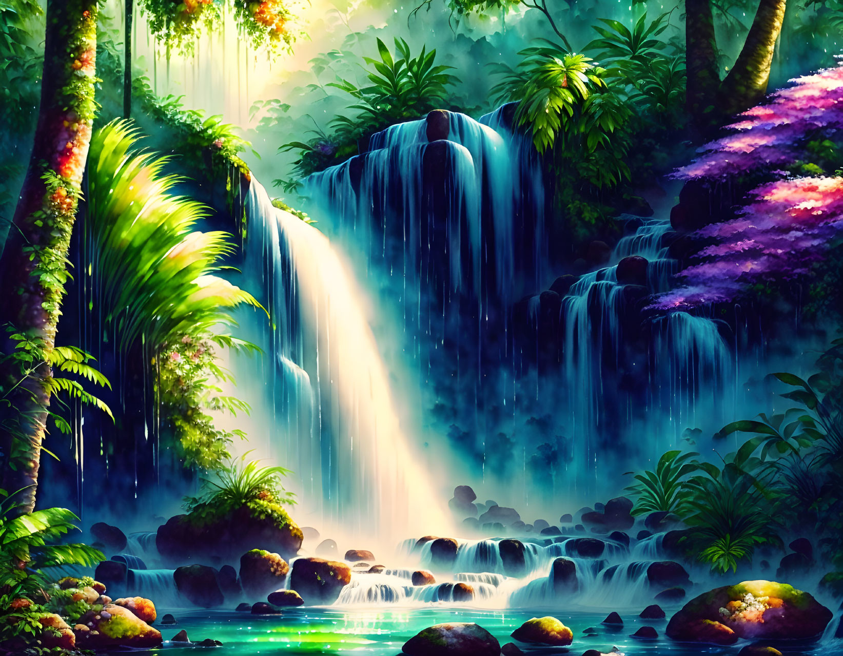 Tropical forest with waterfall, sunlight, flora, and pond