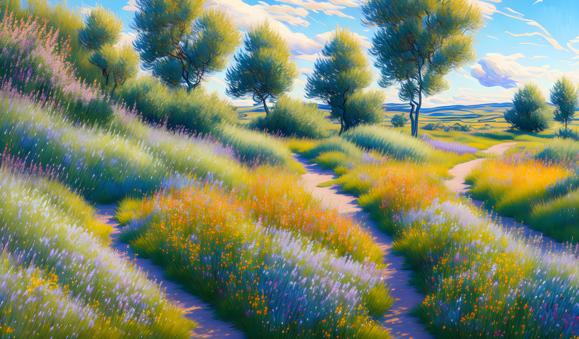 Colorful Landscape Painting with Winding Path and Wildflowers