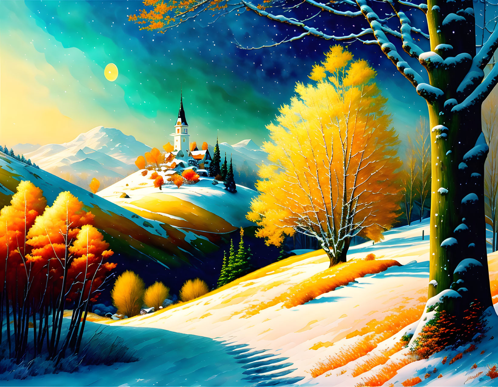 Snow-covered winter landscape with church, autumn trees, and starry sky