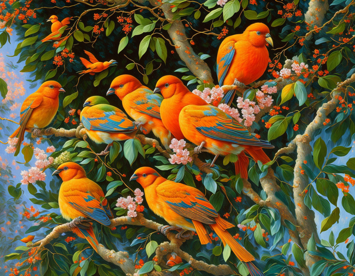 Colorful Birds on Flowering Tree Branches Painting