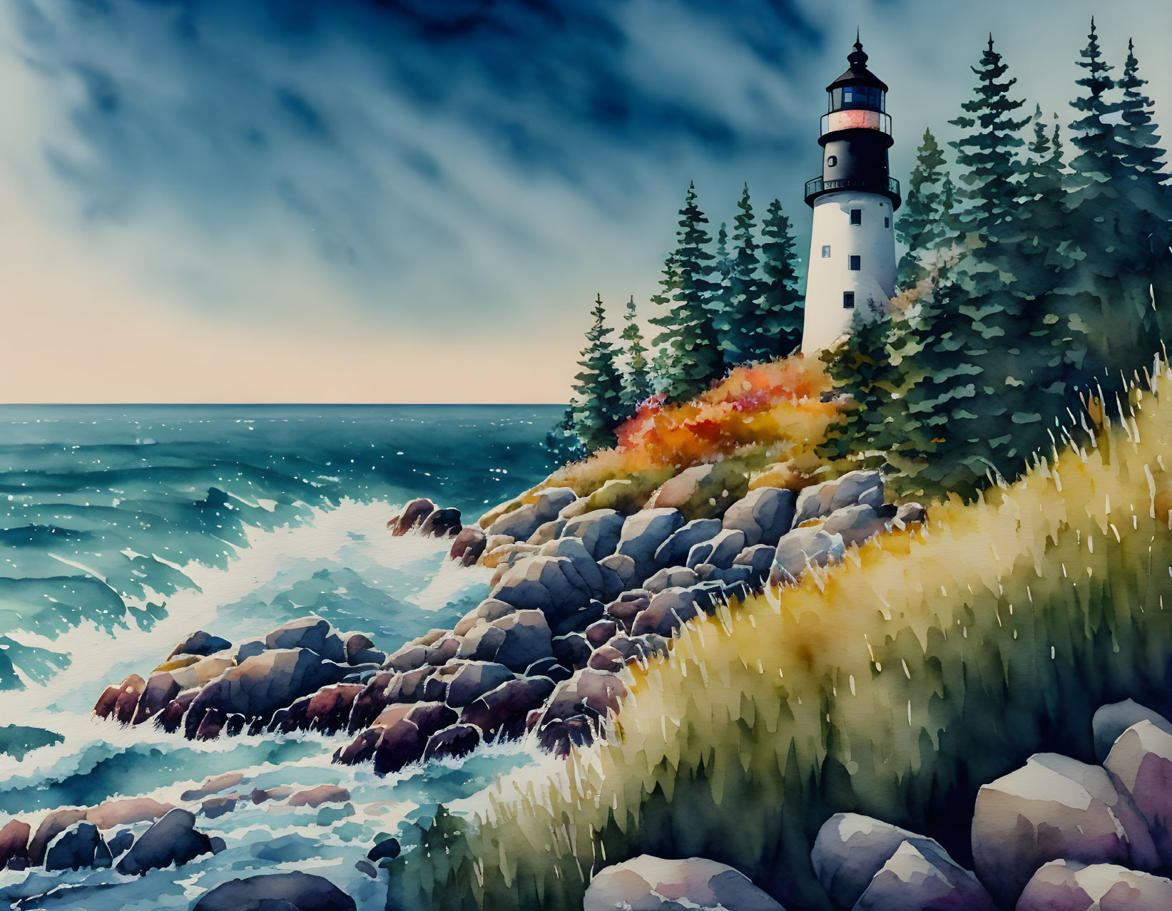 Scenic watercolor: lighthouse on rocky cliff, pine trees, dynamic sky.