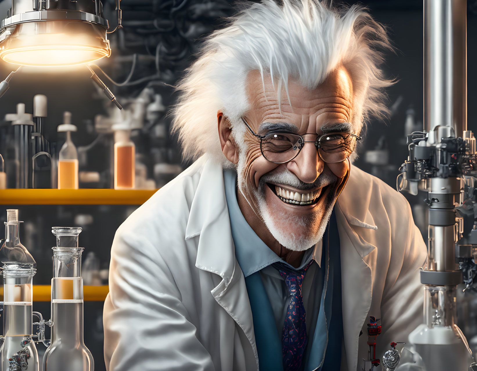 Elderly Scientist in Lab Coat with Wild White Hair