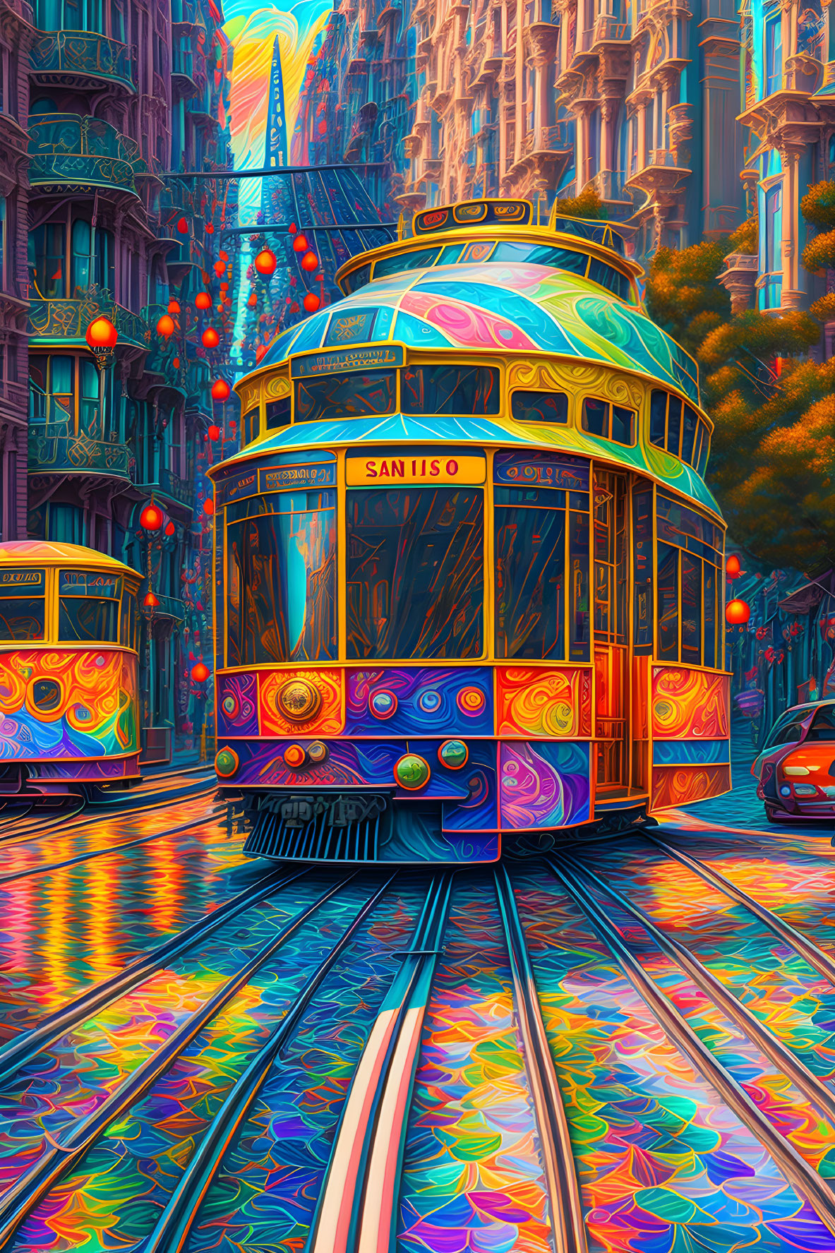 Colorful Tram Street Scene with Psychedelic Artwork