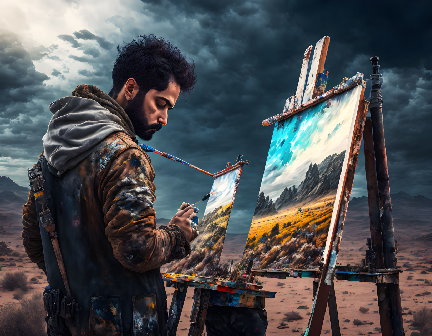 Artist paints tranquil landscape against dramatic desert backdrop