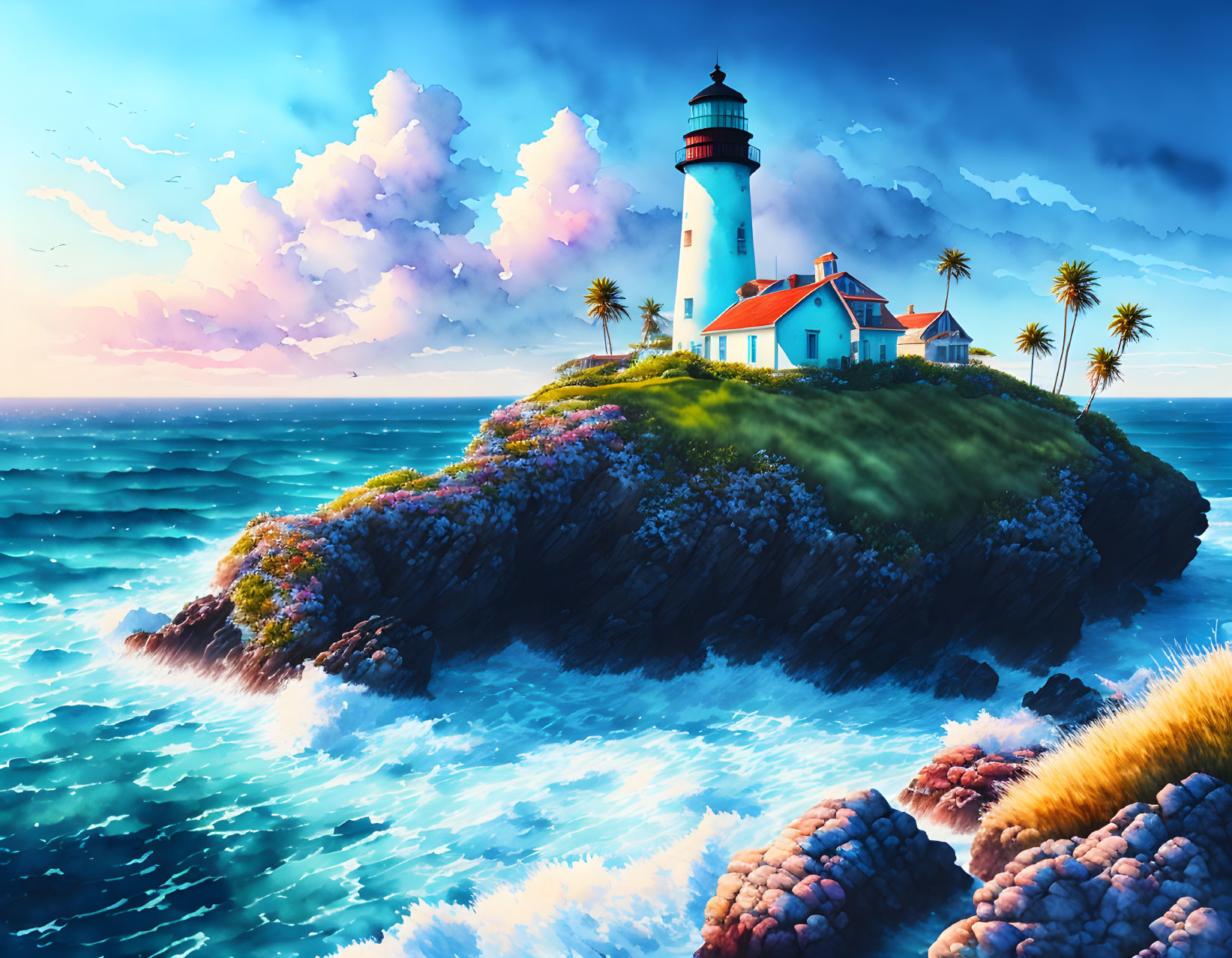 Detailed artwork of a cliffside lighthouse by the sea with palms, cottage, and colorful sky