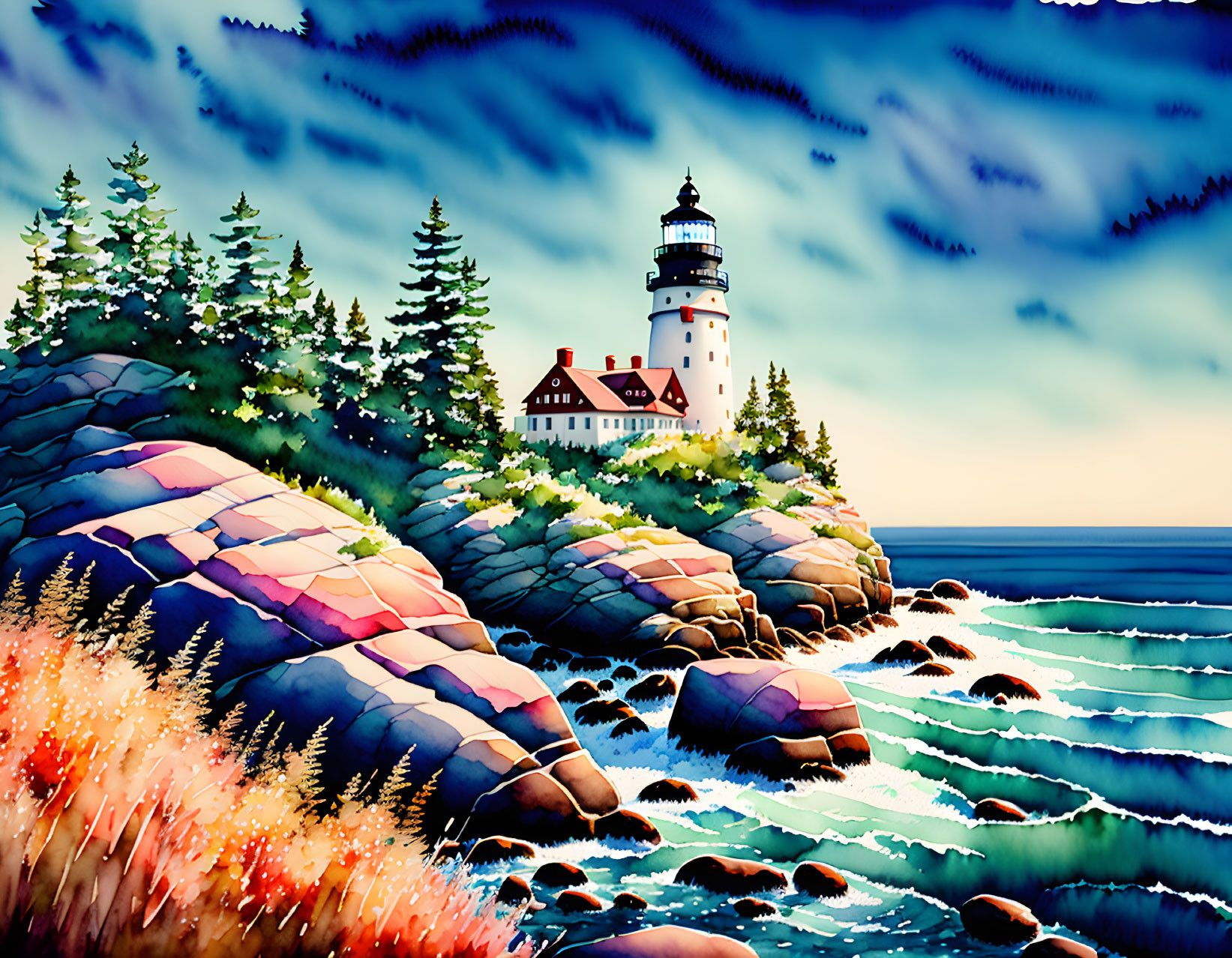 Vibrant lighthouse illustration on rocky coast with pine trees