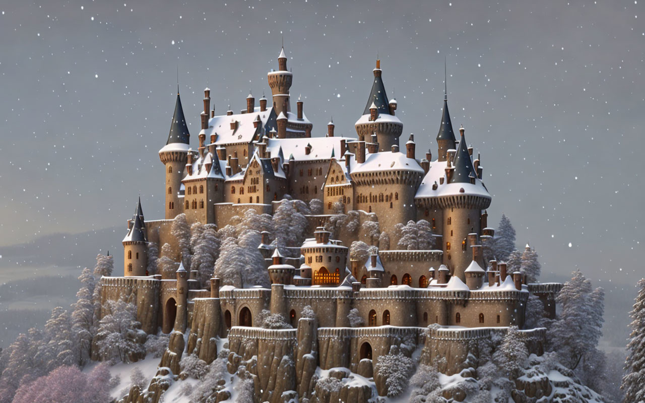 Majestic castle with spires and turrets in snowy landscape at dusk