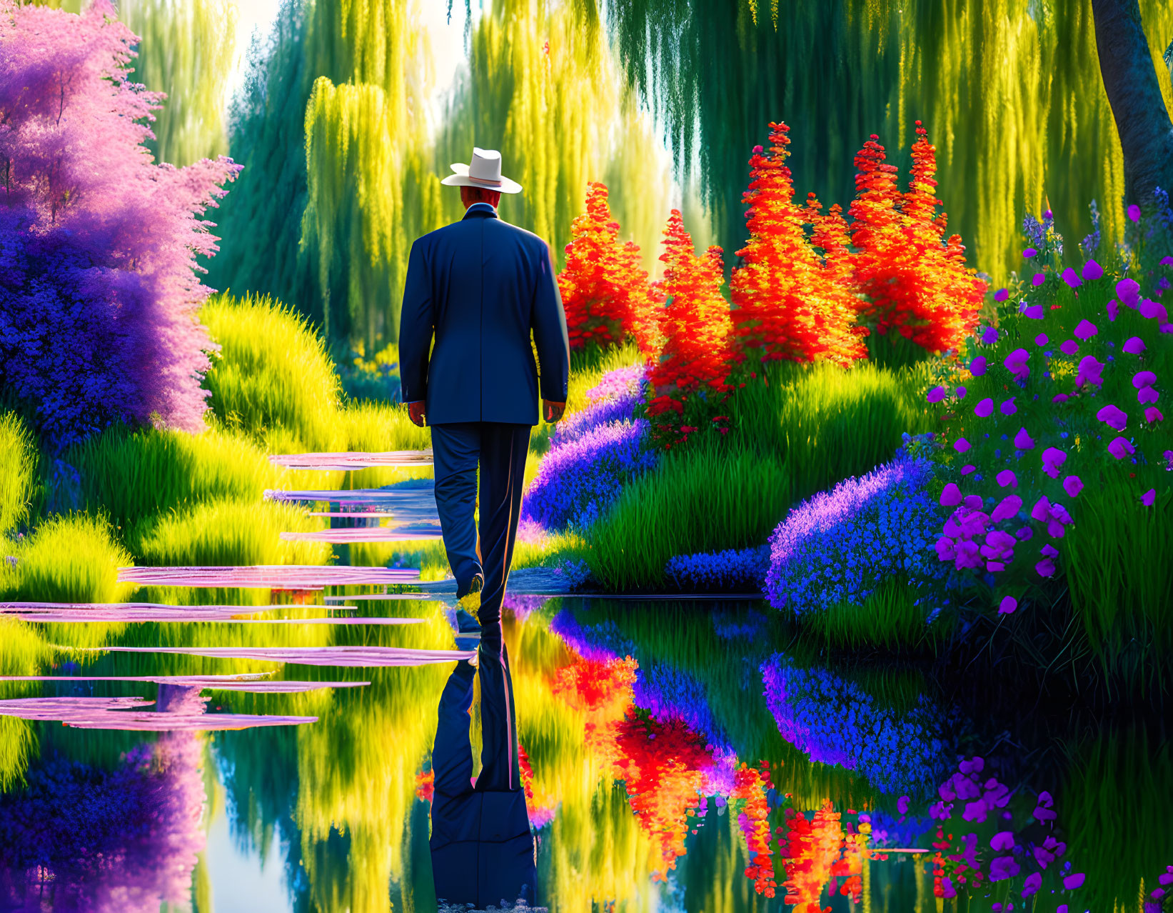 Person in suit and white hat walking on path over reflective water amid vibrant flora under sunny sky