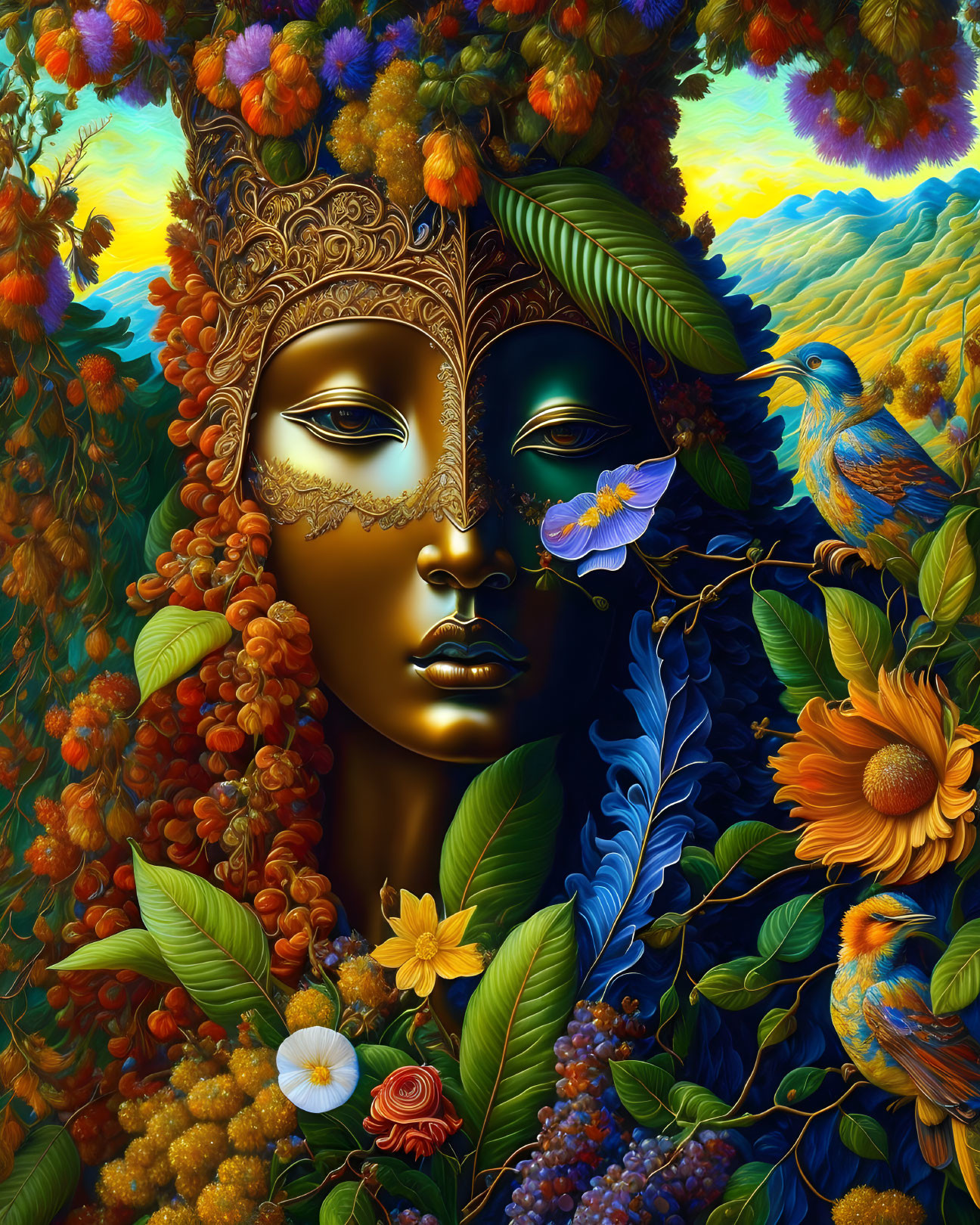 Detailed artwork of woman's face with intricate designs, vibrant flora, birds.