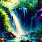 Tropical forest with waterfall, sunlight, flora, and pond