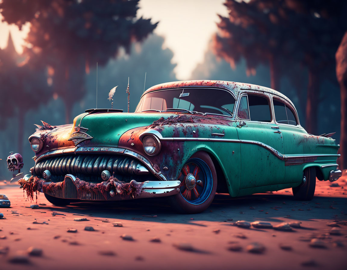 Rusted green classic car in desert sunset scene