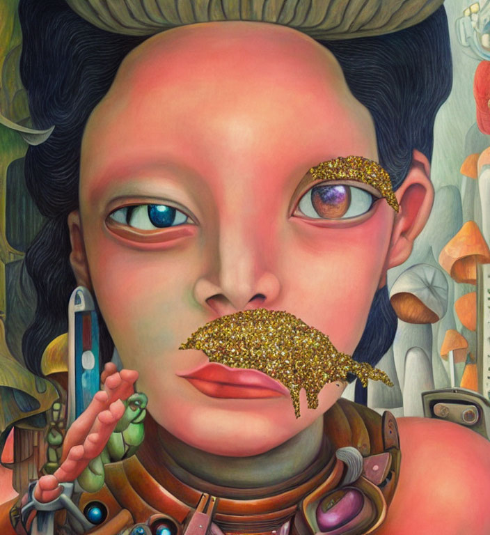 Colorful surreal portrait with golden glitter, mechanical neck, and fantastical elements