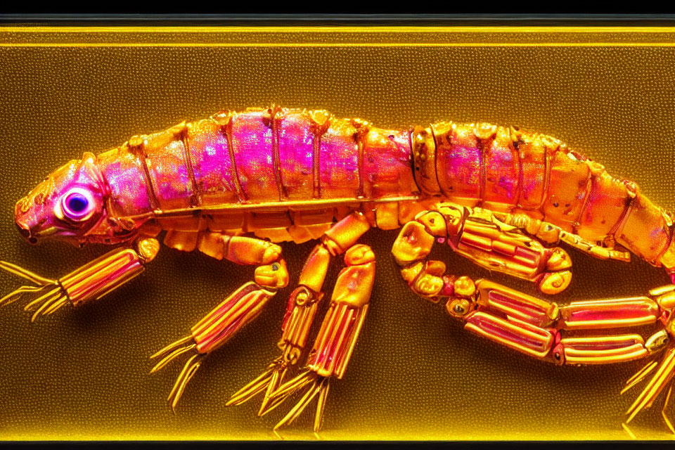 Golden Mechanical Caterpillar Creature on Textured Background