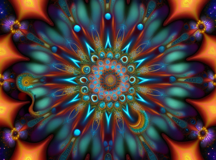 Colorful fractal image with intricate patterns in orange, blue, and purple