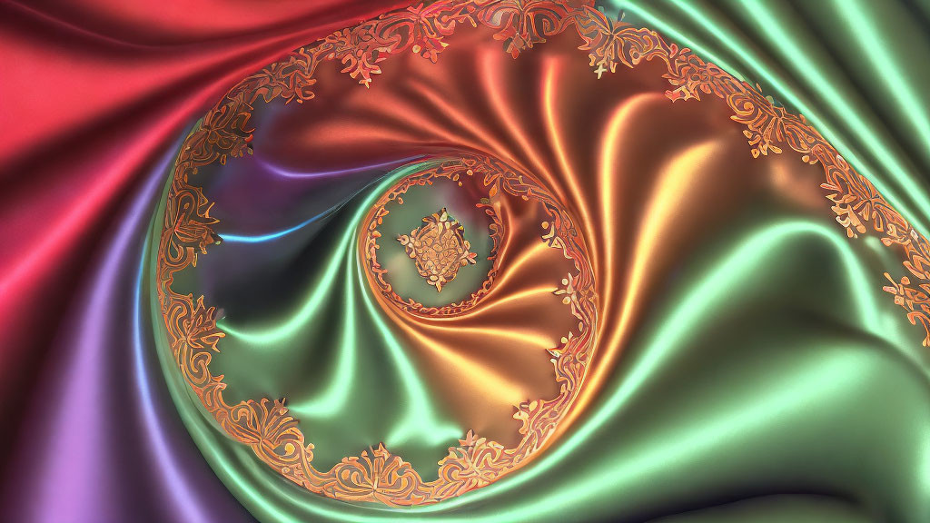 Red and Green Satin Fabric with Golden Ornate Spiral Design