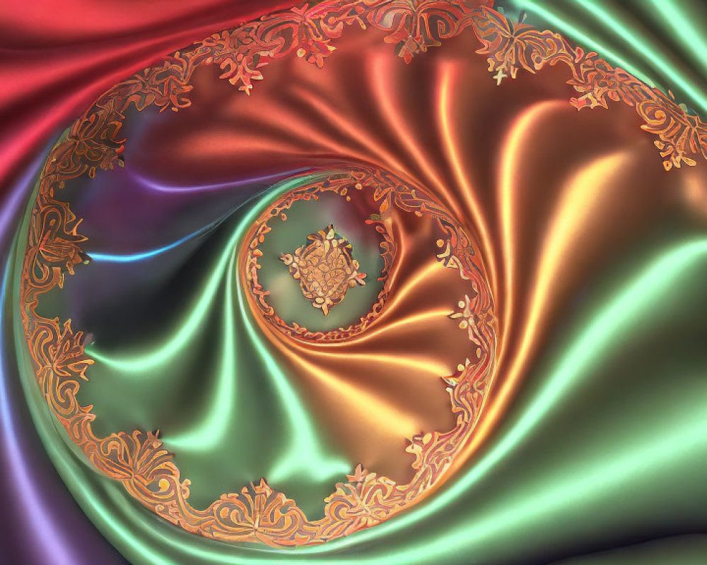 Red and Green Satin Fabric with Golden Ornate Spiral Design