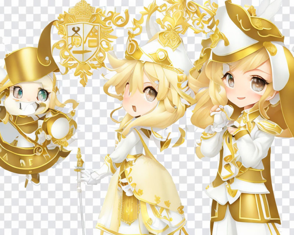 Three animated characters in ornate golden and white outfits with clock motif: two girls and a small creature