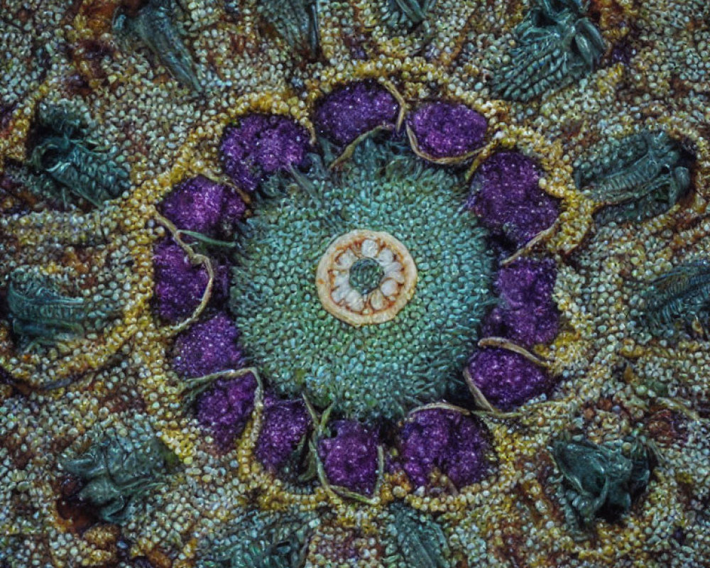 Vibrant circular organic pattern in purple, green, and brown hues