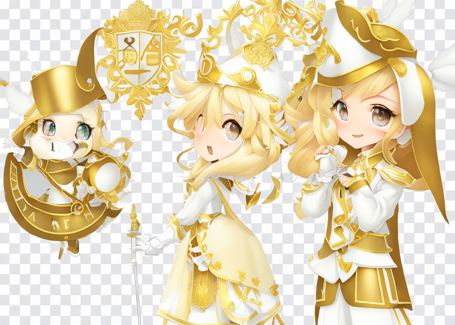 Three animated characters in ornate golden and white outfits with clock motif: two girls and a small creature