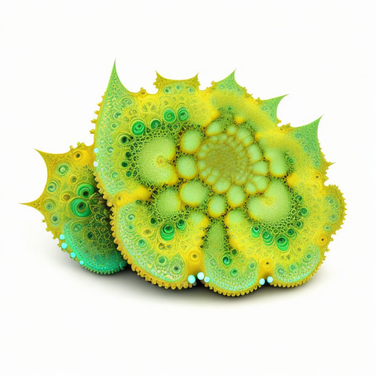 Intricate Yellow and Green Fractal Spiral Design on White Background