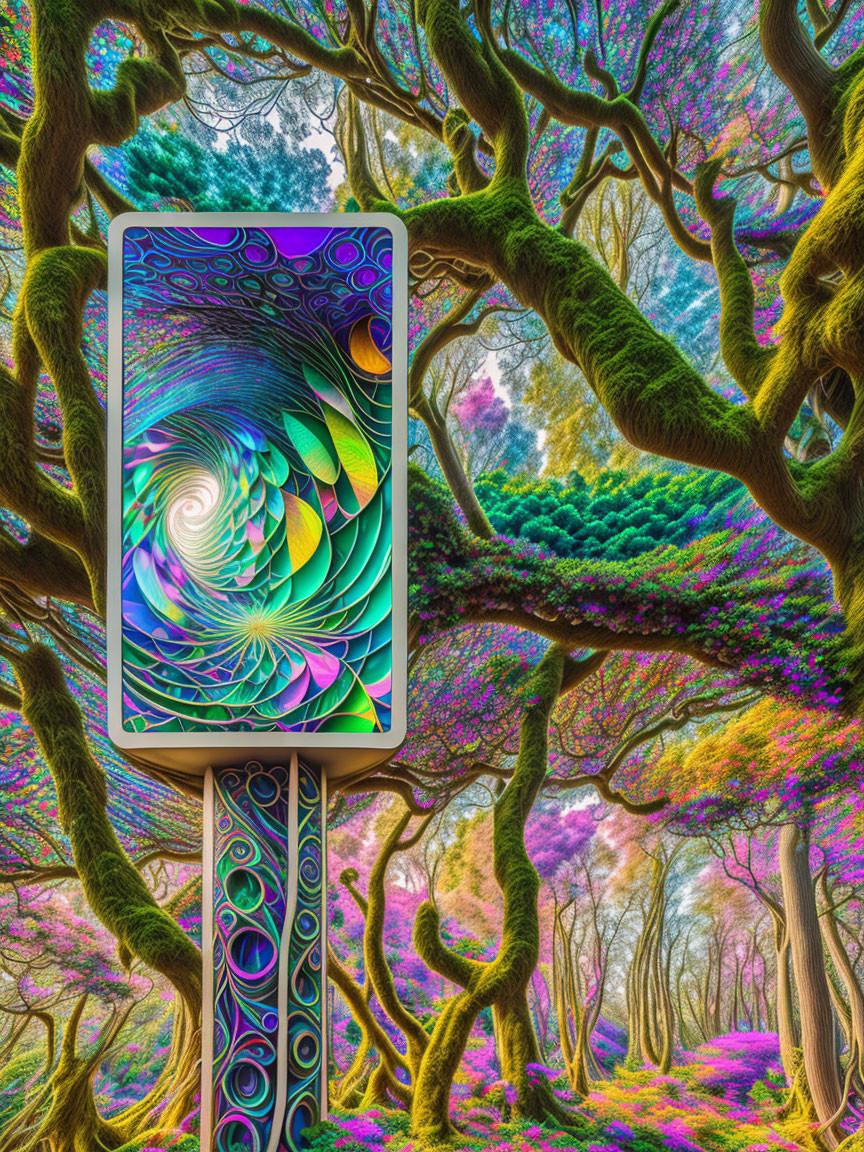 Psychedelic forest scene with twisted trees and colorful phone booth