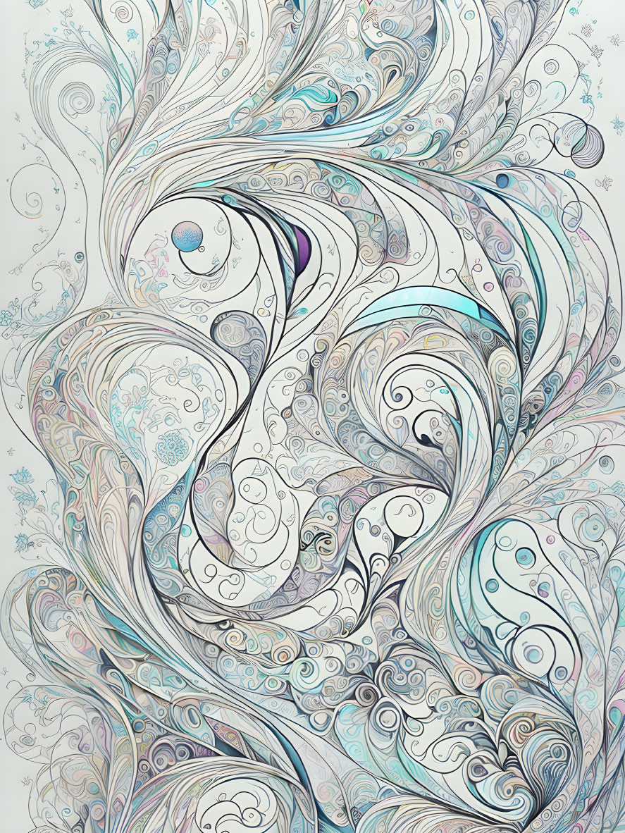 Detailed Abstract Image: Swirling Blue and Neutral Paisley Motifs