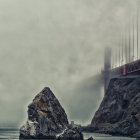 Mystical castle on rocky island amid misty mountains under cloudy sky