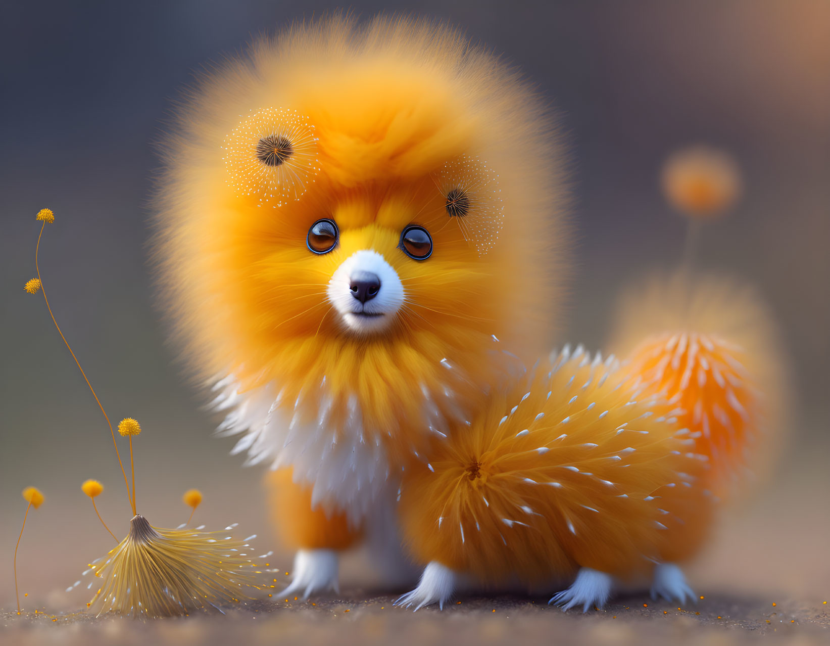 Fluffy orange and white creature with expressive eyes and dandelion-like decorations