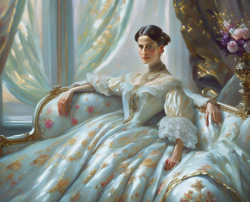 Victorian woman in elegant dress on ornate sofa in luxurious setting