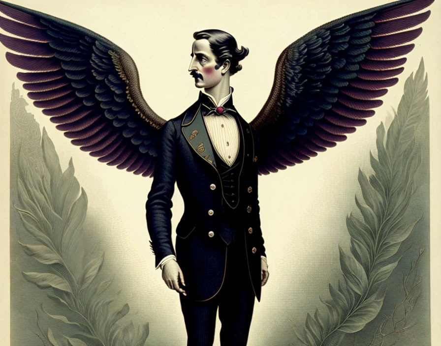 Person with Large Wings in Victorian Fashion Among Foliage