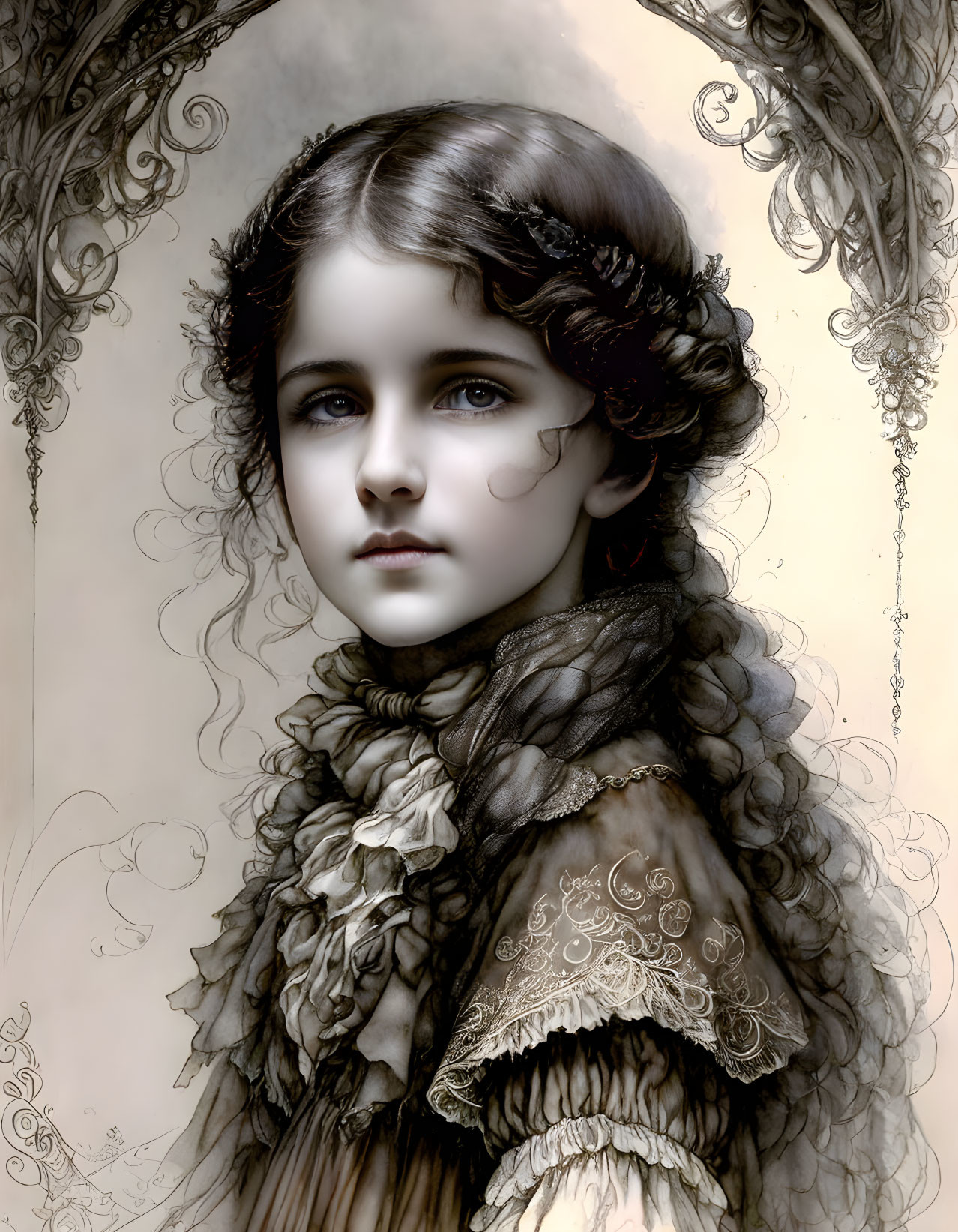 Detailed illustration: Young girl with intense gaze, ornate clothing, Victorian-era hairstyle, framed by intricate