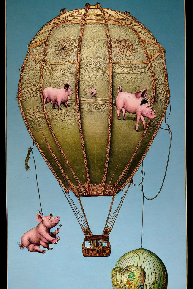 Illustration of whimsical hot air balloon with pig motifs and flying pigs.