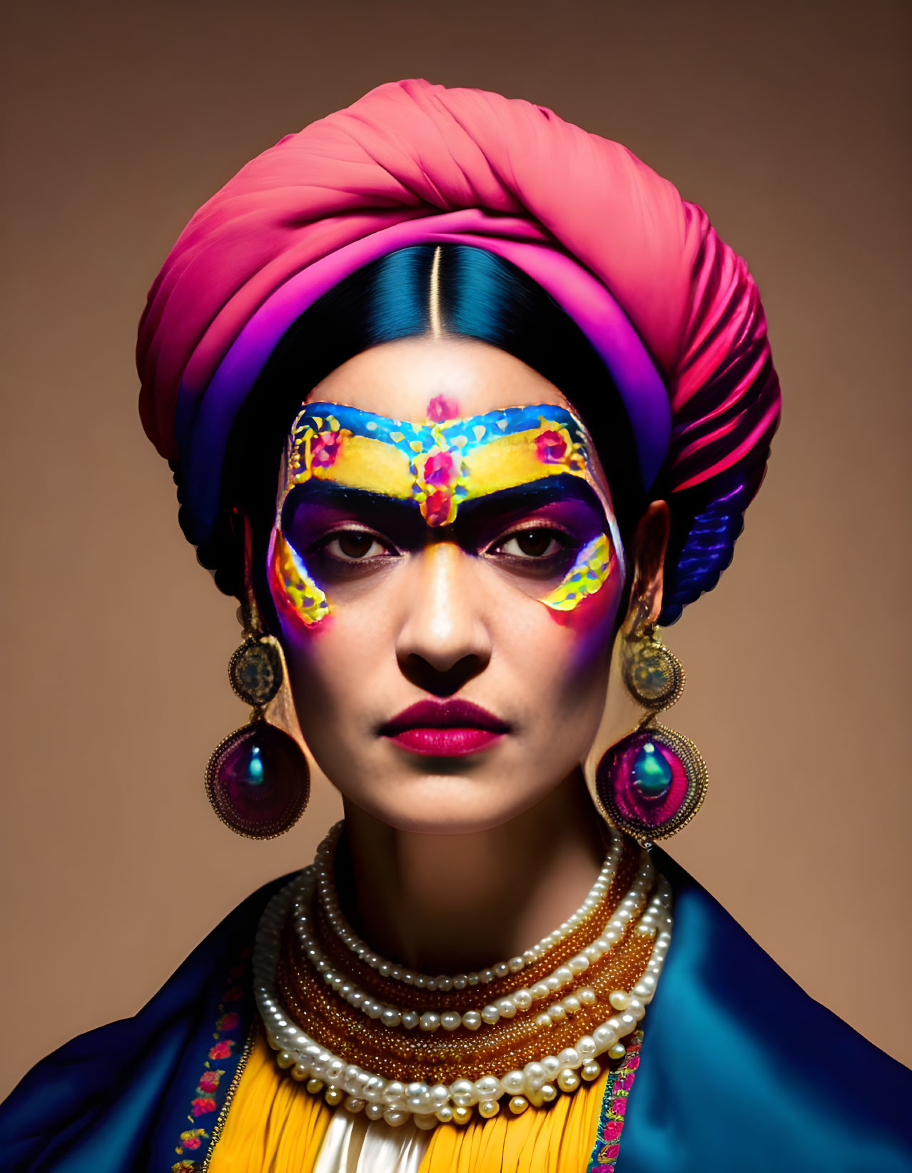 Colorful person in pink turban and vibrant makeup on tan backdrop