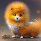 Fluffy orange and white creature with expressive eyes and dandelion-like decorations